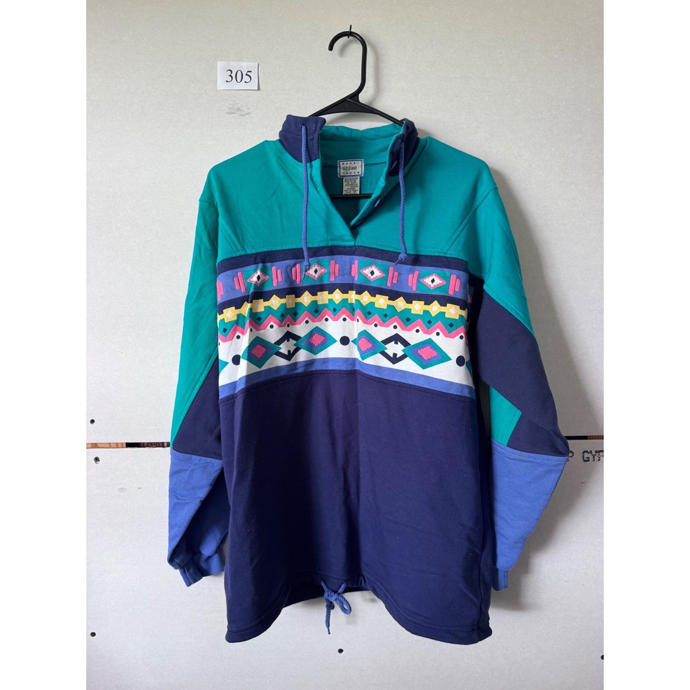 Vintage 62 East Colorblock Aztec Sweatshirt Teal Navy Blue 90s Pullover Medium